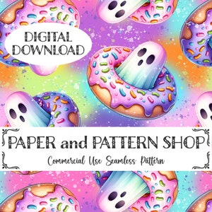 May include: A seamless pattern featuring pink and purple doughnuts with colourful sprinkles and white ghosts flying through them. The background is a rainbow ombre with white splatters. The text "DIGITAL DOWNLOAD" and "PAPER and PATTERN SHOP" are visible in the image.