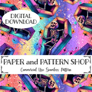 Peut inclure: Un motif sans couture représentant des squelettes dans des cercueils colorés sur un fond arc-en-ciel avec de la peinture éclaboussée. Le texte "DIGITAL DOWNLOAD" et "PAPER and PATTERN SHOP" est visible. Motif sans couture à usage commercial.