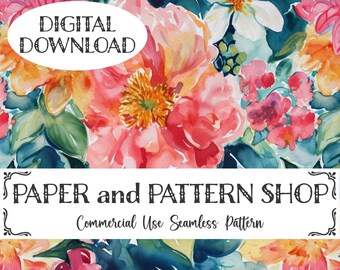 May include: A seamless pattern featuring a watercolour design of pink, yellow, and white flowers with green leaves. The pattern is labelled "Commercial Use Seamless Pattern" and "Paper and Pattern Shop".