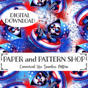 May include: A digital seamless pattern featuring a cartoon skeleton wearing sunglasses and a hooded robe with an American flag design. The skeleton is floating on a red, white, and blue inflatable ring. The background is a red, white, and blue splatter pattern.