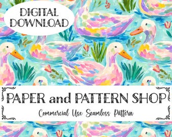Painted Mallard Duck Seamless Pattern, Pastel Abstract Spring Digital Paper, Hunting Season PNG, Lilies, Wetland, Wildlife, Digital Download