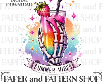 Summer Vibes PNG, pastel Goth tropische drank PNG, Spooky Summer Skeleton PNG-clipart, Summerween png clipart, Spooky Summer-sublimatieontwerp