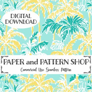 May include: Seamless pattern featuring a repeating design of stylized palm trees in shades of yellow, teal, and white on a light blue background. The text "PAPER and PATTERN SHOP" and "Commercial Use Seamless Pattern" is displayed on a white banner.