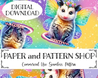 May include: A seamless pattern featuring a cute cartoon possum with rainbow wings and a flower crown. The background is a colorful gradient with white speckles. The text "DIGITAL DOWNLOAD" and "PAPER and PATTERN SHOP" is included in the image.  Commercial Use Seamless Pattern.