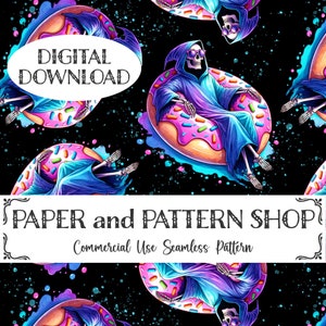 May include: A seamless pattern featuring a skeleton wearing a hooded robe and sunglasses, sitting on a pink and blue donut with sprinkles. The background is black with white and blue glitter.