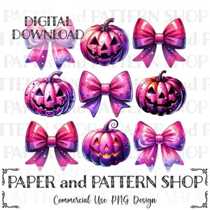 May include: Digital download featuring watercolor illustrations of Halloween-themed bows and jack-o'-lanterns in shades of pink, purple, and orange. The text "DIGITAL DOWNLOAD" and "PAPER and PATTERN SHOP" are visible.