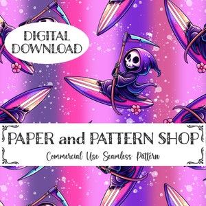 May include: A seamless pattern featuring a cartoon Grim Reaper riding a surfboard on a pink and purple gradient background with white stars. The text "DIGITAL DOWNLOAD" and "PAPER and PATTERN SHOP" are visible in the image.