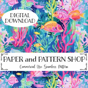May include: Digital download of a vibrant, seamless pattern featuring an underwater scene. The design includes colorful fish, coral, and aquatic plants in shades of pink, yellow, and blue. The text "PAPER and PATTERN SHOP" and "Commercial Use Seamless Pattern" are also included.