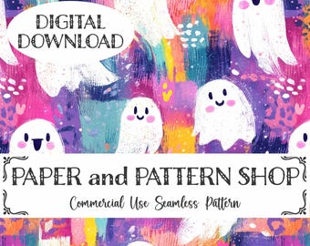 Preppy Rainbow Ghosts Seamless Pattern, Halloween Ghosts seamless file, Spooky Cute Ghost seamless, Pastel Pink Halloween seamless file
