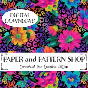 May include: A digital download with a seamless floral pattern. The design features bright pink, orange, yellow, and blue flowers set against a black leopard print. Text includes "DIGITAL DOWNLOAD" and "PAPER and PATTERN SHOP".