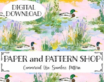 Painted Mallard Duck Seamless Pattern, Abstract Spring Digital Paper, Hunting Season PNG, Lilies, Wetland, Wildlife, Digital Download
