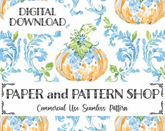 Grandmillennial Pumpkins seamless, Preppy Floral Pumpkins Seamless, Grandmillennial Fall Pumpkins seamless, Watercolor Halloween seamless