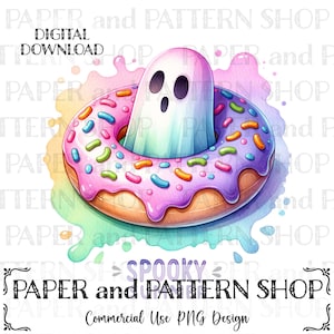 Op de afbeelding: Een aquarel-illustratie van een geest die een donut draagt als drijfmiddel. De donut is roze met kleurrijke sprinkels en de geest is wit met een blauwe en groene gradiënt. De achtergrond is een aquarel-was in regenboogkleuren.