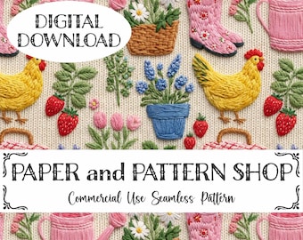 Farm Life Floral Seamless Pattern, Faux Knit Embroidery Cottagecore Garden seamless, Chicken seamless, Preppy Grandma Core seamless file
