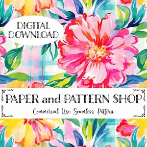 Preppy Summer Floral Plaid Seamless Pattern, Preppy Floral seamless file, Bright Rainbow Floral seamless,Summer Watercolor floral seamless