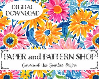 Preppy Summer Watercolor Sunflower Seamless Pattern,Preppy Floral seamless file,Bright Rainbow Floral seamless,Watercolor Sunflower Seamless