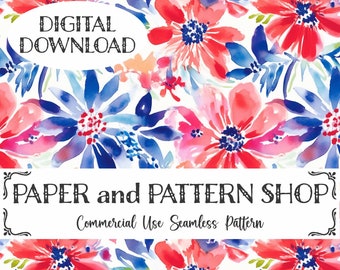 Patrón floral sin costuras de acuarela del 4 de julio, archivo floral sin costuras rojo, blanco y azul, floral americano sin costuras, cuarto patrón floral patriótico sin costuras