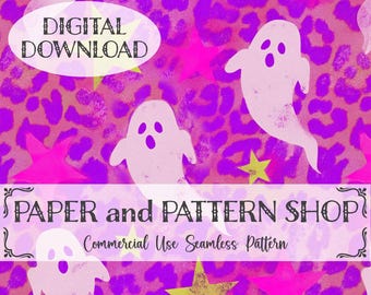 Preppy Ghost Leopard Stars Seamless Pattern, Y2K Sticker Aesthetic seamless file, Alternate Edgy Mall Culture 2000s Trendy Graphics