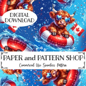 Könnte beinhalten: Ein nahtloses Muster mit einer Cartoon-Highland-Kuh, die eine Sonnenbrille und eine kanadische Flagge trägt und auf einem roten und weißen Schwimmring in blauem Wasser mit weißen Spritzern schwimmt. Der Text "DIGITAL DOWNLOAD" und "PAPER and PATTERN SHOP" ist sichtbar.