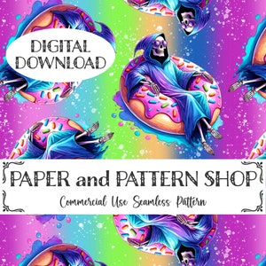 Just Chillin Seamless Pattern, Summerween seamless, Funny Grim Reaper seamless file, Watercolor Summer Halloween Seamless, Donut Disturb