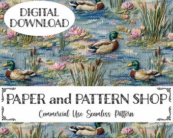 Mallard Duck Seamless Pattern, Faux Knit Embroidery Spring Digital Paper, Hunting Season PNG, Lilies, Wetland, Wildlife, Digital Download