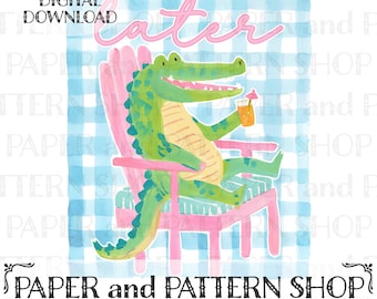 Later Gator PNG, Preppy Souther Gator Png, Coastal Summer PNG, Coquette Gingham Png, Trendy Summer png, Watercolor Crocodile PNG,