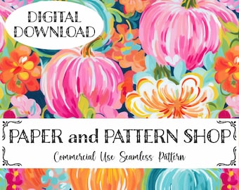 Preppy Floral Pumpkins Seamless Pattern, Fall Pumpkins seamless file, Rainbow Pumpkins seamless, Preppy seamless file, fall floral seamless
