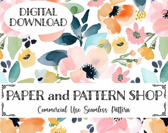 May include: A seamless pattern featuring watercolour flowers in shades of pink, orange, yellow, and blue. The pattern is on a white background and includes the text "PAPER and PATTERN SHOP" and "Commercial Use Seamless Pattern".