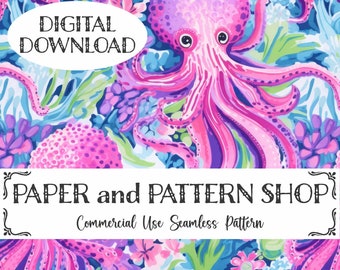 May include: Seamless pattern featuring a pink and purple octopus with a white background. The octopus is surrounded by pink, purple, and green floral designs. The text "PAPER and PATTERN SHOP" and "Commercial Use Seamless Pattern" is displayed on a white banner.