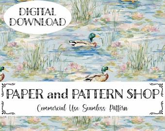 Mallard Duck Seamless Pattern, Watercolor Spring Digital Paper, Hunting Season PNG, Lilies, Wetland, Wildlife, Digital Download