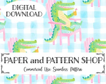 Preppy Summer Gator Seamless Pattern, Everyday Southern Gator Coastal, Watercolor Beach Bay PNG, Trendy Preppy Gingham seamless