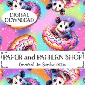 May include: A seamless pattern featuring a cute possum wearing a pink and white donut with sprinkles. The background is a rainbow gradient with white speckles. The text "DIGITAL DOWNLOAD" is in a black banner at the top of the image. The text "PAPER and PATTERN SHOP" is in a black banner at the bottom of the image. The text "Commercial Use Seamless Pattern" is in a black banner below the text "PAPER and PATTERN SHOP".