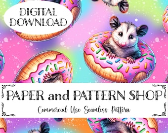 May include: A seamless pattern featuring a cute possum wearing a pink and white donut with sprinkles. The background is a rainbow gradient with white speckles. The text "DIGITAL DOWNLOAD" is in a black banner at the top of the image. The text "PAPER and PATTERN SHOP" is in a black banner at the bottom of the image. The text "Commercial Use Seamless Pattern" is in a black banner below the text "PAPER and PATTERN SHOP".