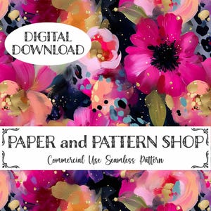 May include: A vibrant digital download featuring a floral pattern with pink, orange, and gold accents. The design includes the text "DIGITAL DOWNLOAD" and "PAPER and PATTERN SHOP Commercial Use Seamless Pattern."