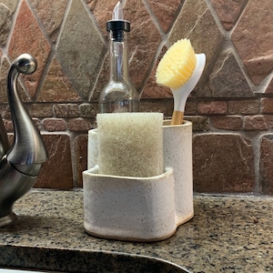 Ceramic Soap and Sponge Holder with Glass Bottle - Multifunctional Kitchen Sink Organizer & Soap Tray