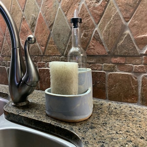 Handcrafted Ceramic Soap and Sponge Holder with Glass Bottle - Elegant Multipurpose Bathroom Organizer
