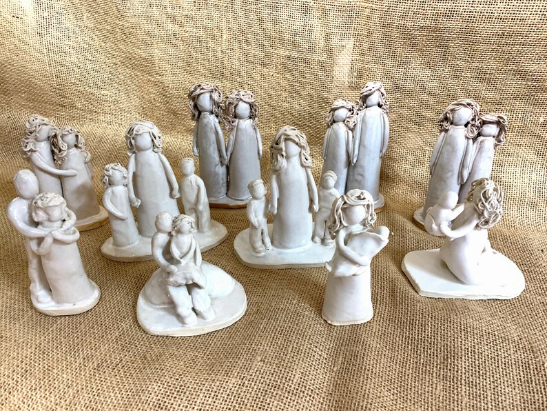 Father and Daughter Ceramic Pottery Figurine Parent and Child Sitting Handmade