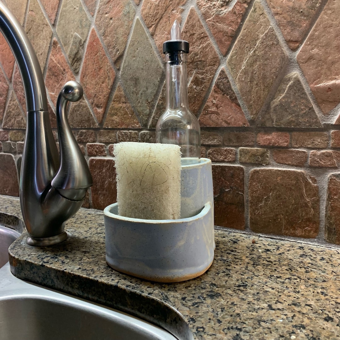 Handcrafted Ceramic Soap and Sponge Holder with Glass Bottle - Elegant Multipurpose Bathroom Organizer