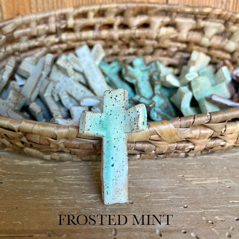 Handmade Ceramic Thumbprint Cross Comforting Prayer Tool, Ideal for Prayer Warriors Frosted Mint (matte)