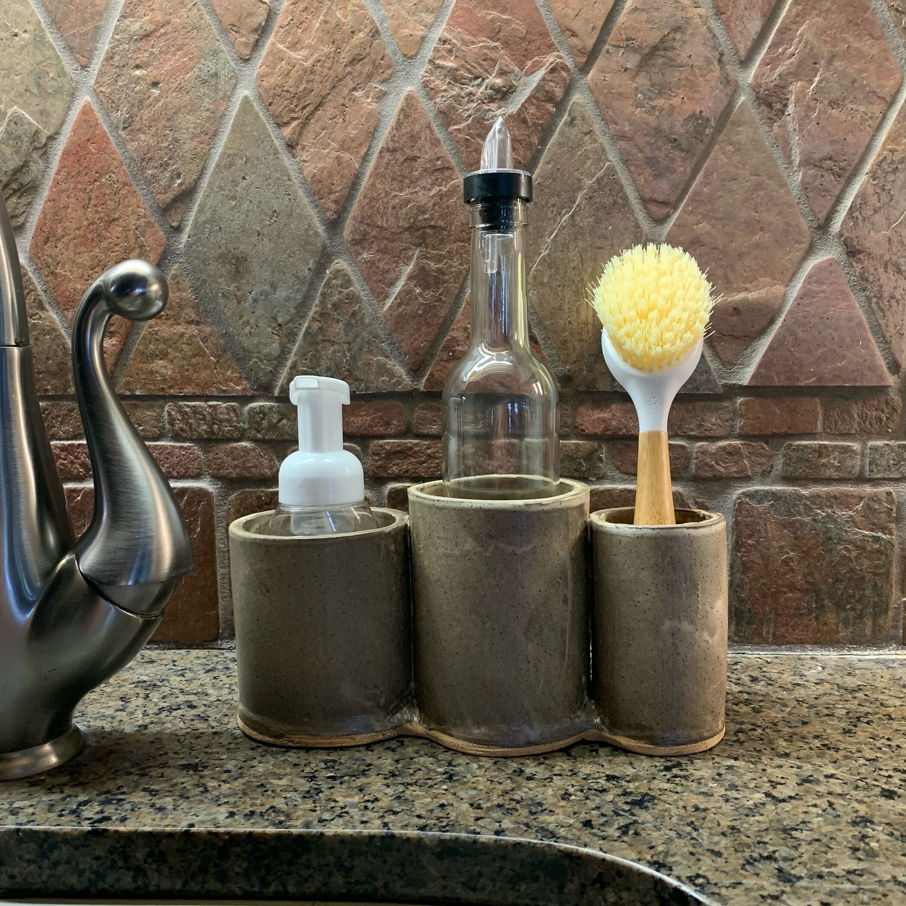 Handmade Ceramic Kitchen Sink Caddy With Glass Bottle Soap and Sponge Holder Brush Organizer Etsy