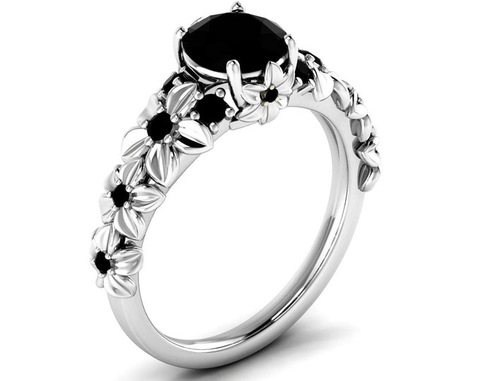 Floral Vintage Black Onyx Engagement Ring Sterling Silver Black Onyx Wedding Ring Women Art Deco Ring Black Gemstone Vintage Engagement Ring