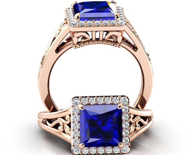Art Deco Blue Sapphire Engagement Ring Princess Cut Sapphire Filigree Wedding Ring for Women Rose Gold Blue Sapphire Bridal Anniversary Ring