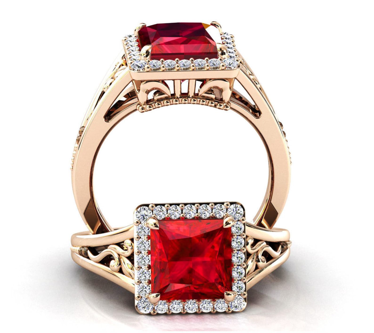 Lab Created Ruby Engagement Ring Vintage Filigree Ruby Wedding | Etsy