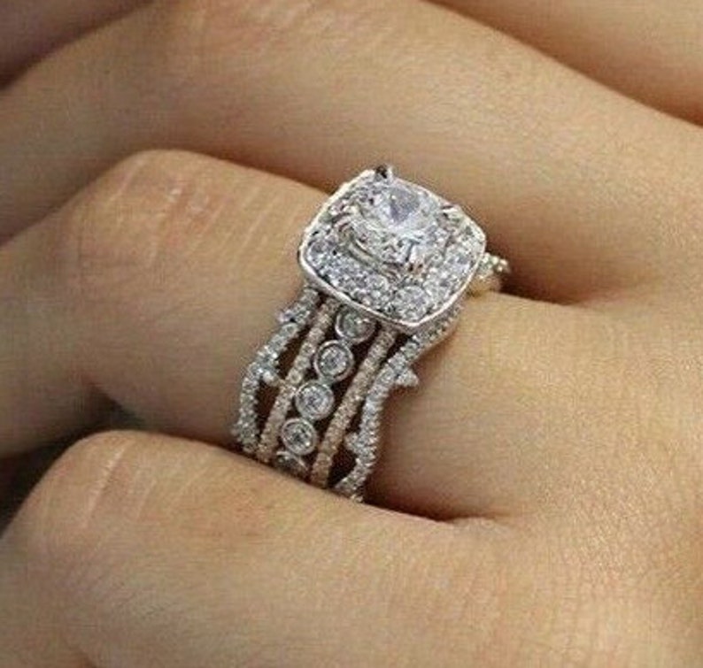 Stunning 3 Pieces Zircon Engagement Ring Set Art Deco Halo Cz Wedding Ring Set Silver Zircon Stacking Ring Set 925 Round Cut Halo Ring Set