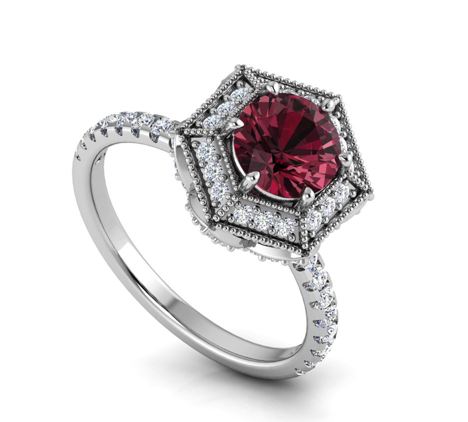 Sterling Silver Halo Engagement Ring Red Etsy