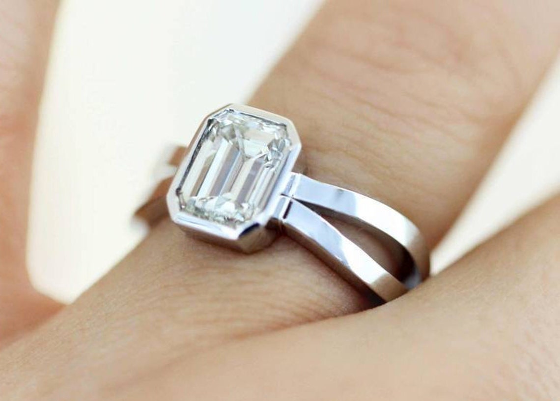 Bezel Set Emerald Cut Engagement Ring Sterling Silver Emerald Etsy