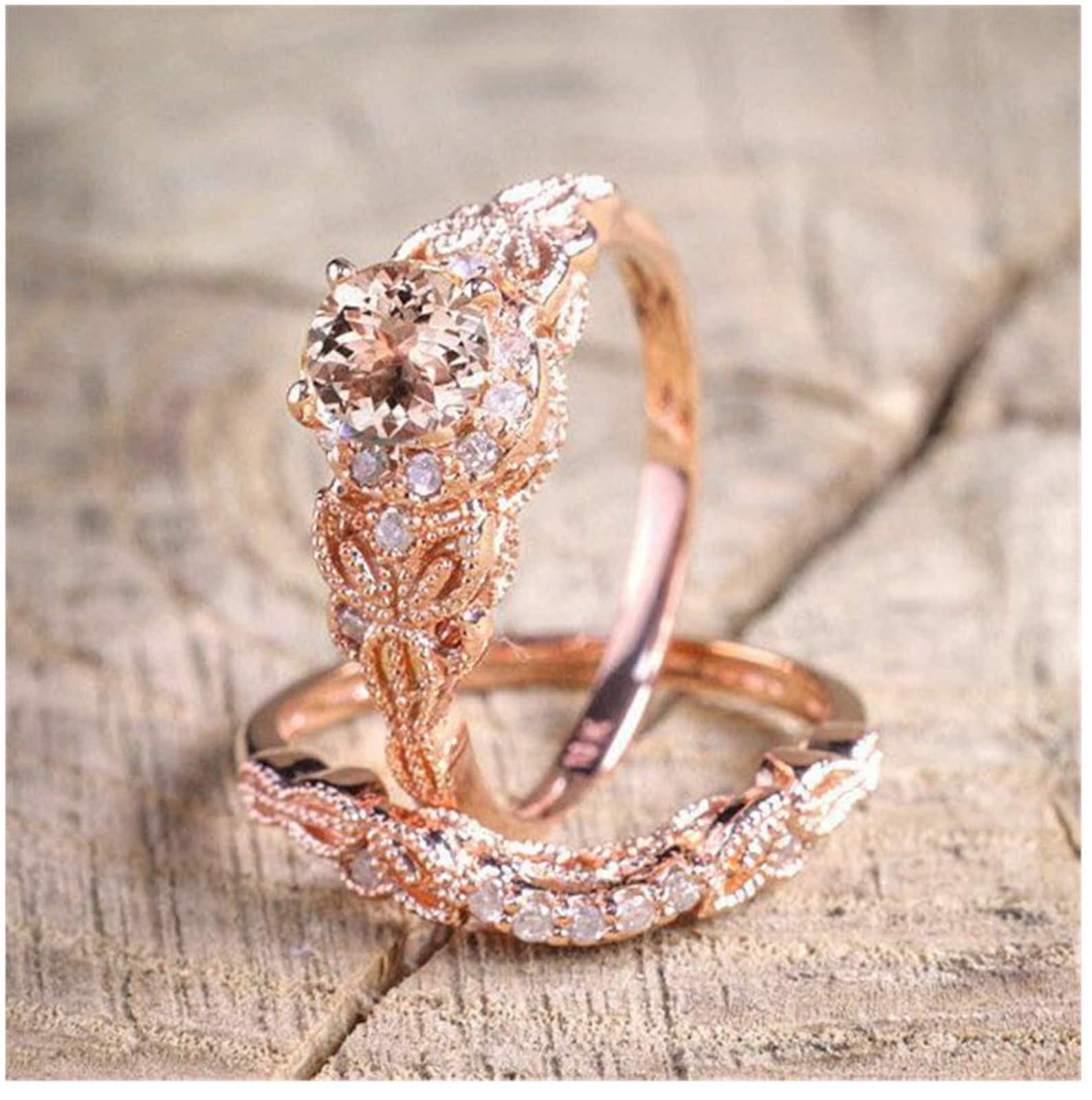 Rose Gold Unique Vintage Engagement Rings, Floral Morganite Art Deco Ring