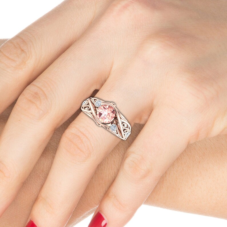 14k Rose Gold Art Deco Morganite Engagement Ring 925 Unique Art Deco Filigree Wedding Ring For Women Sterling Silver Morganite Wedding Ring