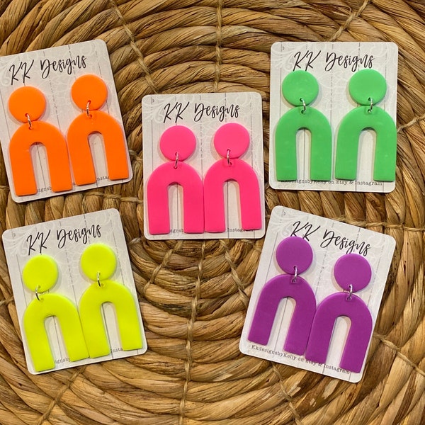 Neon Geometric Statement Earrings, Post or Clip On, Handmade Polymer Clay