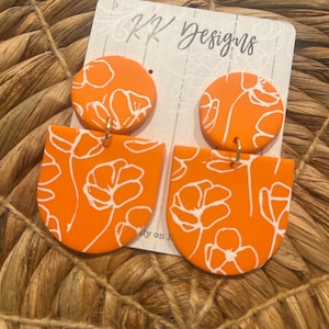 Unique Handmade Polymer Clay Statement Earrings/ Orange Floral Stacked Dangles- so fun & so lightweight!